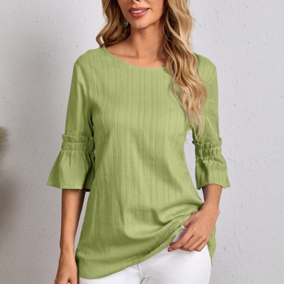 -Bright apple green stripe 3/4 bell sleeve lightweight cotton Knit tunic sweater - Picture 1 of 6